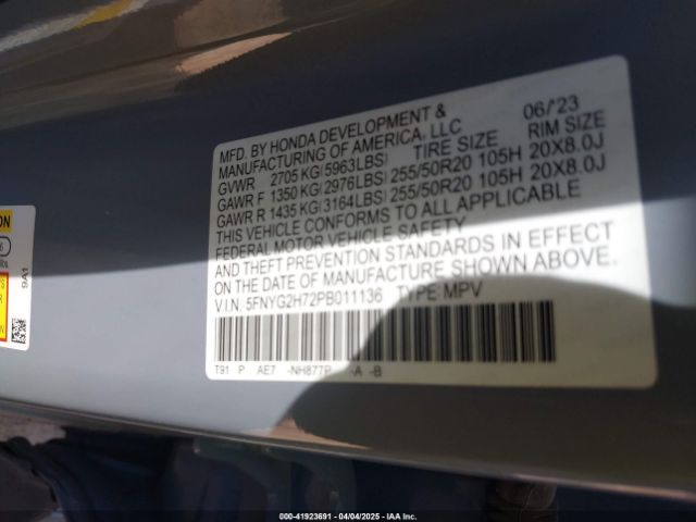 5FNYG2H72PB011136 Honda Pilot 2wd Touring