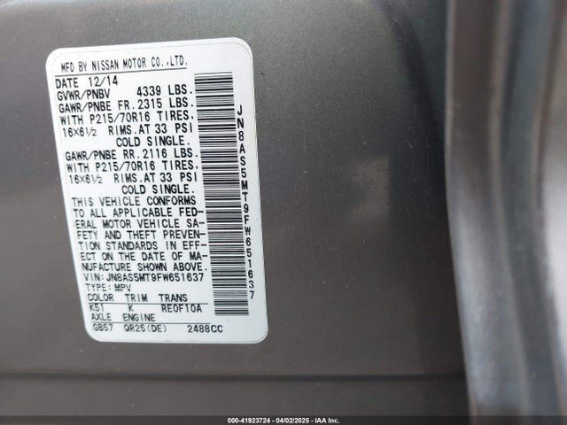 JN8AS5MT9FW651637 Nissan Rogue Select S