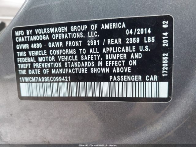 1VWCM7A33EC099421 Volkswagen Passat 3.6l V6 Sel Premium