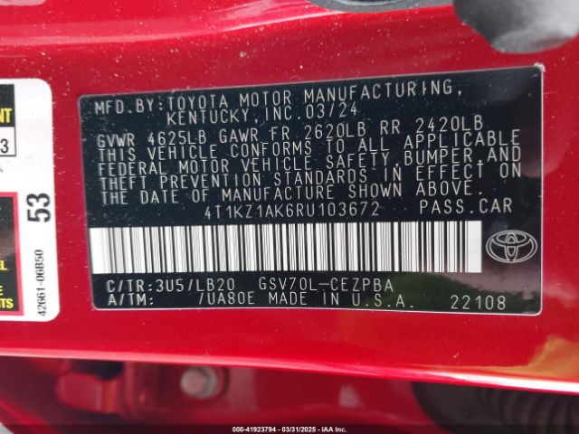 4T1KZ1AK6RU103672 Toyota Camry Xse V6