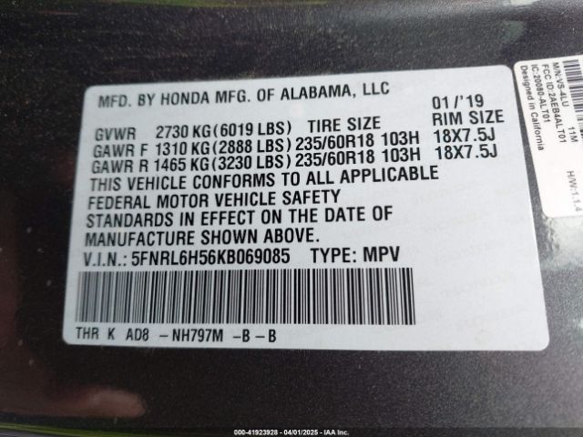 5FNRL6H56KB069085 Honda ODYSSEY EX