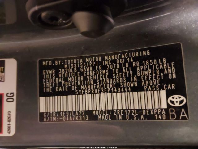 5YFBPRHE3EP149444 Toyota Corolla Le Eco Premium