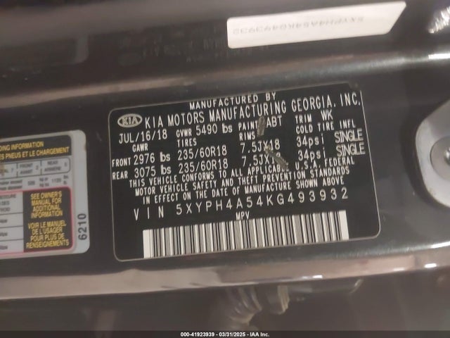 5XYPH4A54KG493932 KIA Sorento 3.3l Ex