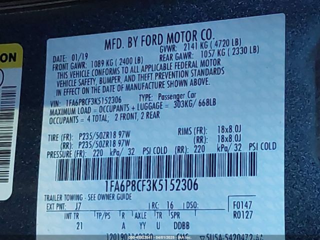 1FA6P8CF3K5152306 Ford MUSTANG GT