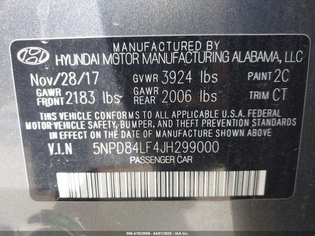 5NPD84LF4JH299000 Hyundai Elantra Value Edition