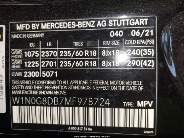 W1N0G8DB7MF978724 Mercedes-Benz Glc 300 Suv