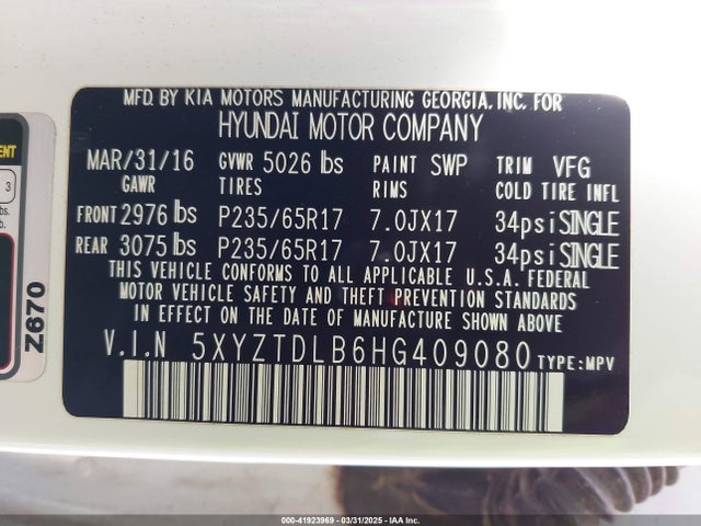 5XYZTDLB6HG409080 Hyundai gdi theta ii