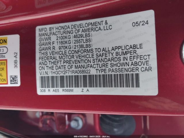 1HGCY2F71RA068922 Honda Accord Hybrid Sport-l