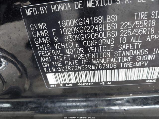 3CZRZ2H52RM762906 Honda Hr-v Awd Sport/awd Sport W/o Bsi