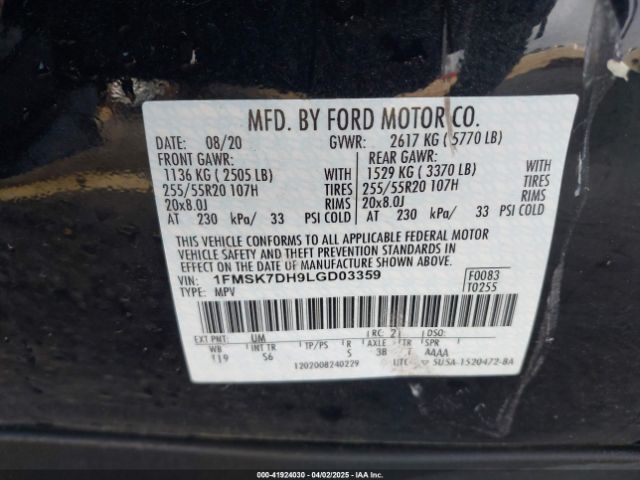 1FMSK7DH9LGD03359 Ford EXPLORER XLT