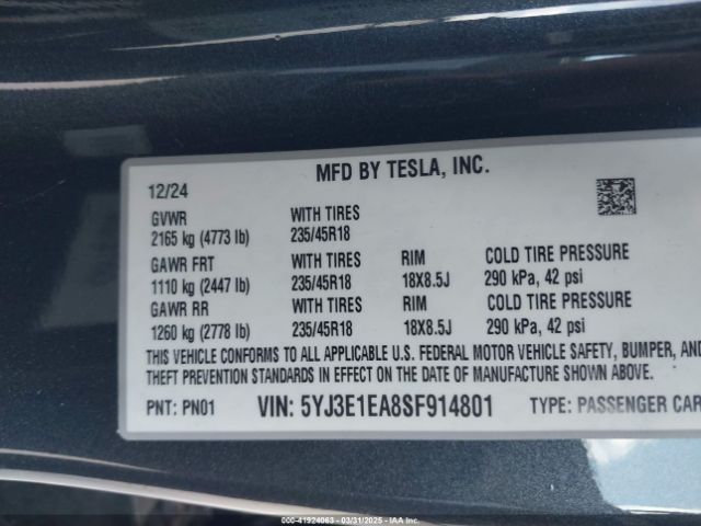 2025 TESLA MODEL 3 5YJ3E1EA8SF914801 Photo 8