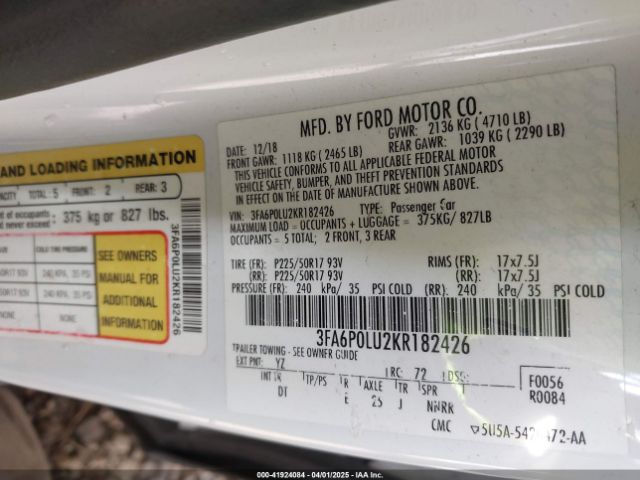 3FA6P0LU2KR182426 Ford Fusion Hybrid Se