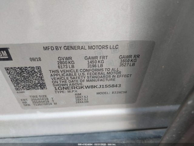 1GNERGKW8KJ155843 Chevrolet Traverse 1lt