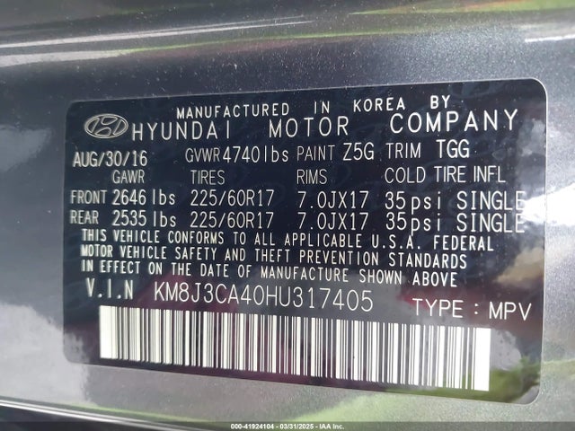 KM8J3CA40HU317405 Hyundai TUCSON SE