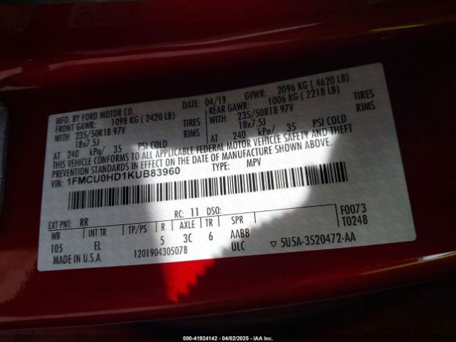 1FMCU0HD1KUB83960 Ford ESCAPE SEL