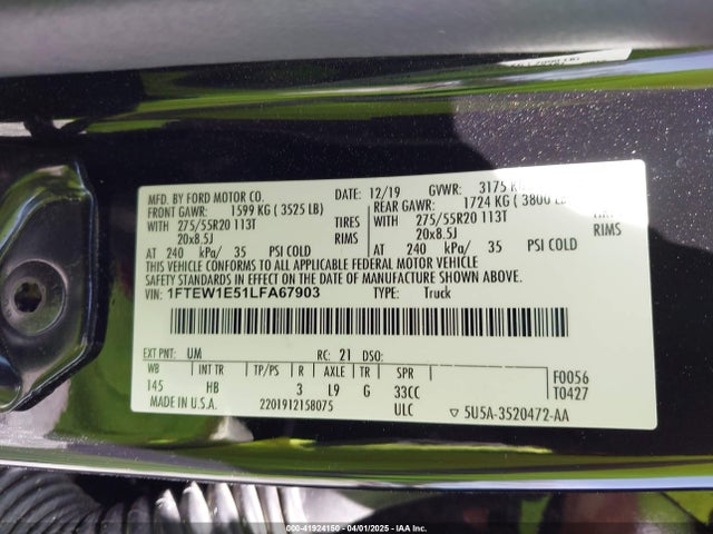 Ford 5.0l 4v 2020 1FTEW1E51LFA67903 Image 9