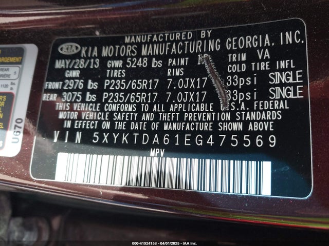 5XYKTDA61EG475569 KIA SORENTO LX