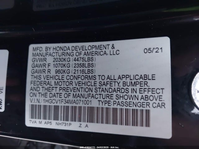 1HGCV1F34MA071001 Honda Accord Sport