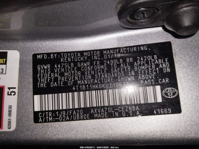 4T1B11HK6KU210613 Toyota CAMRY LE
