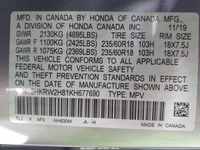 2HKRW2H81KH677690 Honda Cr-v Ex-l