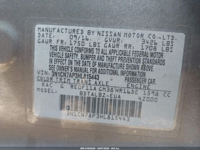 3N1CN7AP3HL815443 Nissan Versa 1.6 S/1.6 S+/1.6 Sl/1.6 Sv