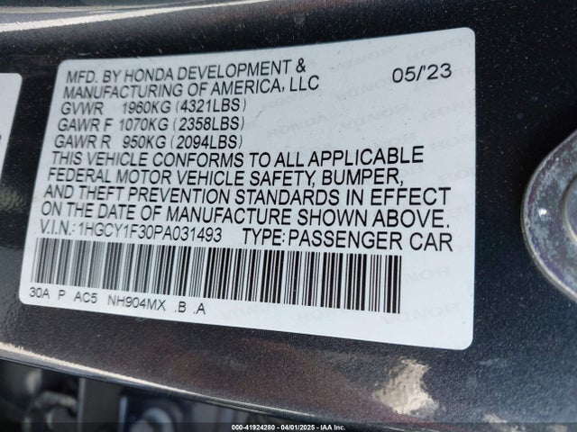 1HGCY1F30PA031493 Honda ACCORD EX
