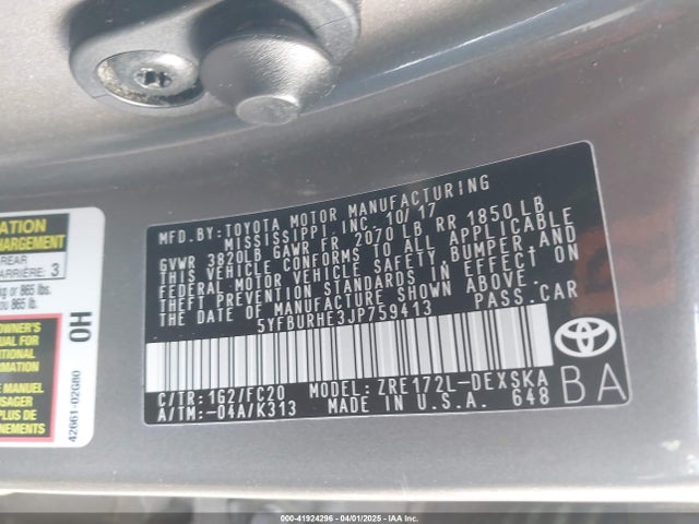5YFBURHE3JP759413 Toyota COROLLA SE