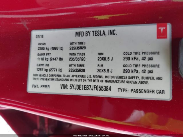 5YJ3E1EB7JF055384 Tesla Model 3 Long Range/performance