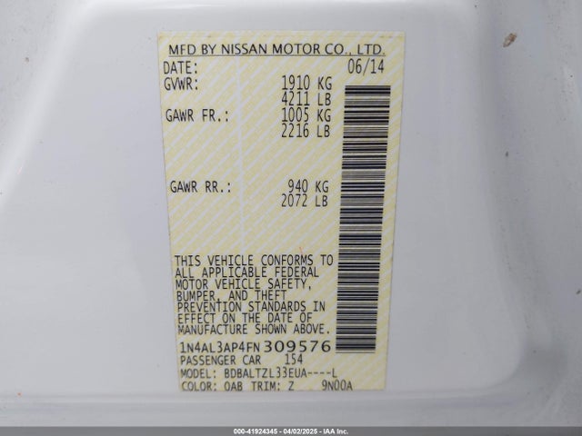 1N4AL3AP4FN309576 Nissan Altima 2.5 Sl