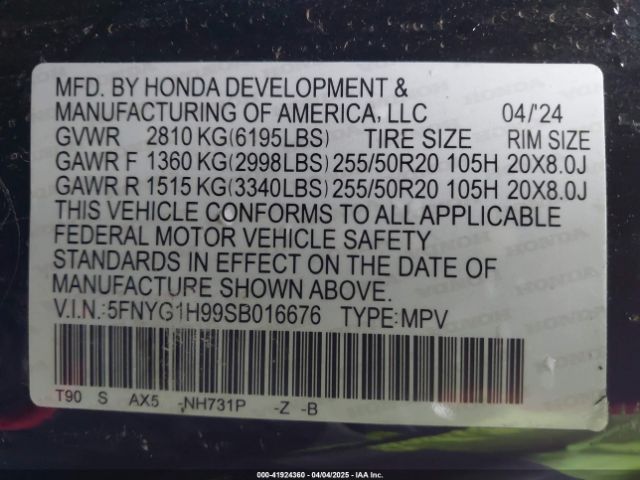 5FNYG1H99SB016676 Honda Pilot Black Edition
