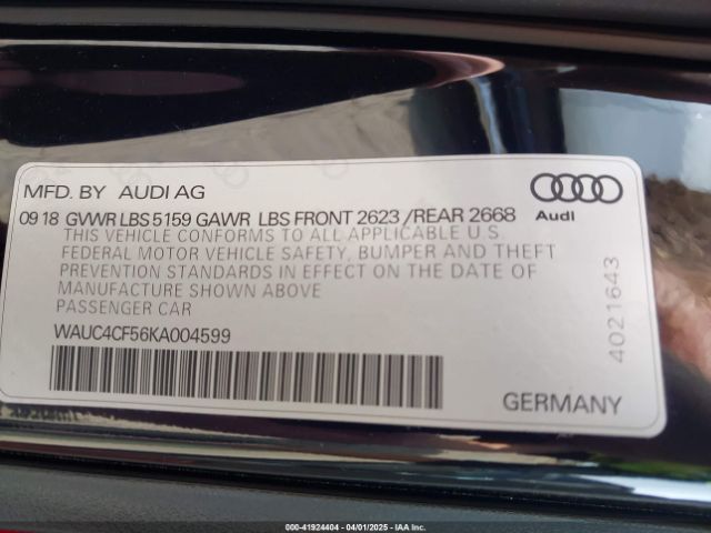WAUC4CF56KA004599 Audi S5 3.0t Premium