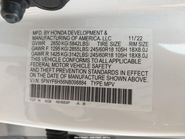 5FNYF6H56NB098884 Honda Pilot Awd Ex-l
