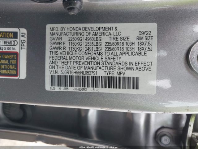 5J6RT6H55NL052791 Honda Cr-v Hybrid Ex