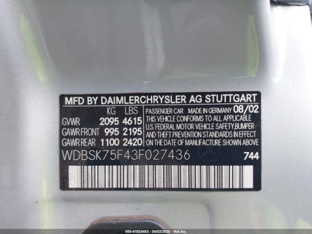 2003 MERCEDES-BENZ SL 500 WDBSK75F43F027436 Photo 8