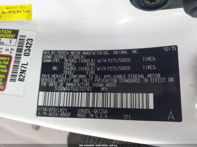 5TDDW5G15GS133162 Toyota Sequoia Platinum 5.7l V8