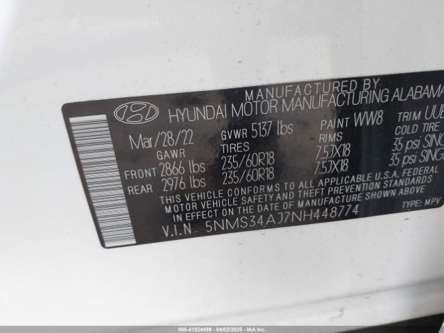 5NMS34AJ7NH448774 Hyundai Santa Fe Sel