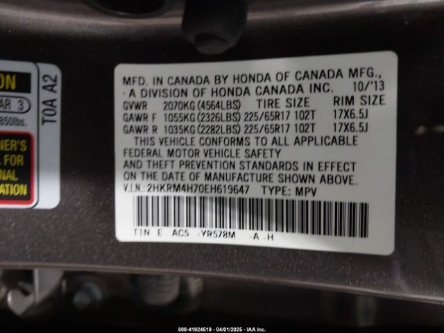2HKRM4H70EH619647 Honda Cr-v Ex-l