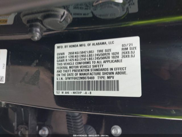 5FNYF6H22MB070469 Honda Pilot Awd Special Edition