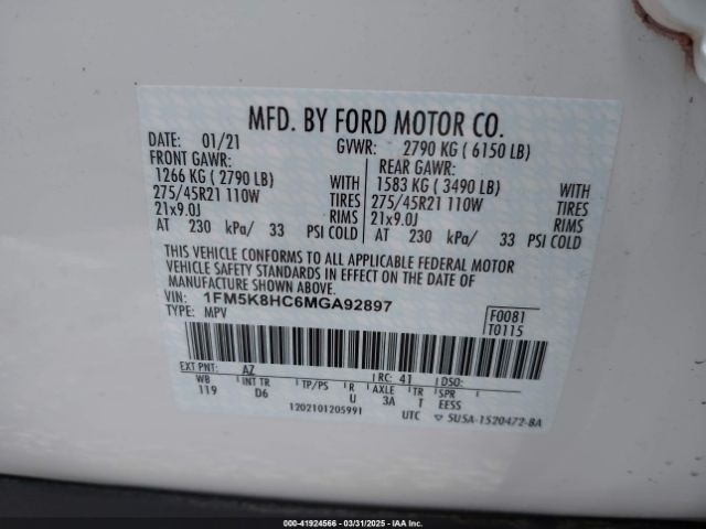 1FM5K8HC6MGA92897 Ford Explorer Platinum