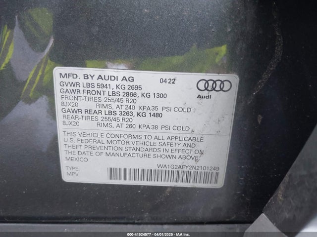 WA1G2AFY2N2101249 Audi Q5 Premium 55 Tfsi E S Line Quattro S Tronic