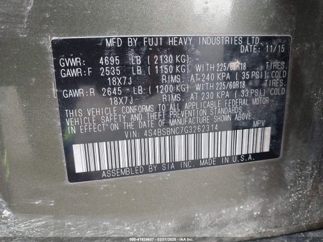 4S4BSBNC7G3262314 Subaru Outback 2.5i Limited