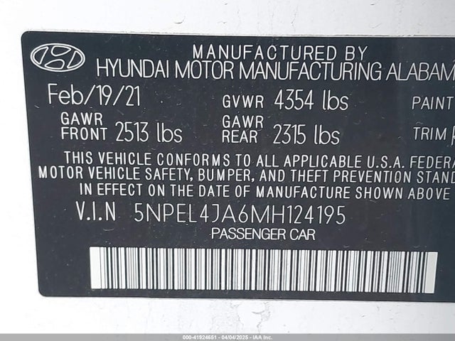 5NPEL4JA6MH124195 Hyundai SONATA SEL