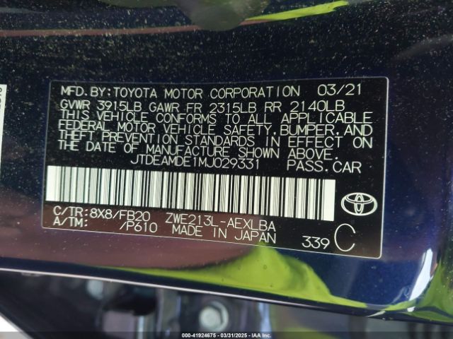 JTDEAMDE1MJ029331 Toyota Corolla Hybrid Le