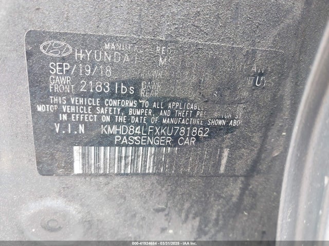 KMHD84LFXKU781862 Hyundai ELANTRA SEL