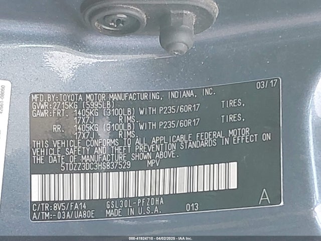 5TDZZ3DC3HS837529 Toyota Sienna L 7 Passenger