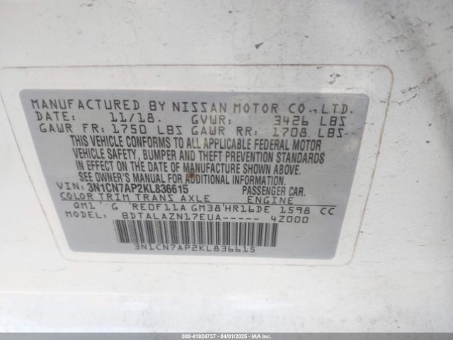 3N1CN7AP2KL836615 Nissan Versa 1.6 S+