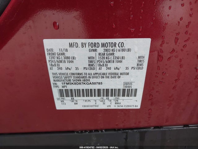 1FM5K8D87KGA50785 Ford EXPLORER XLT