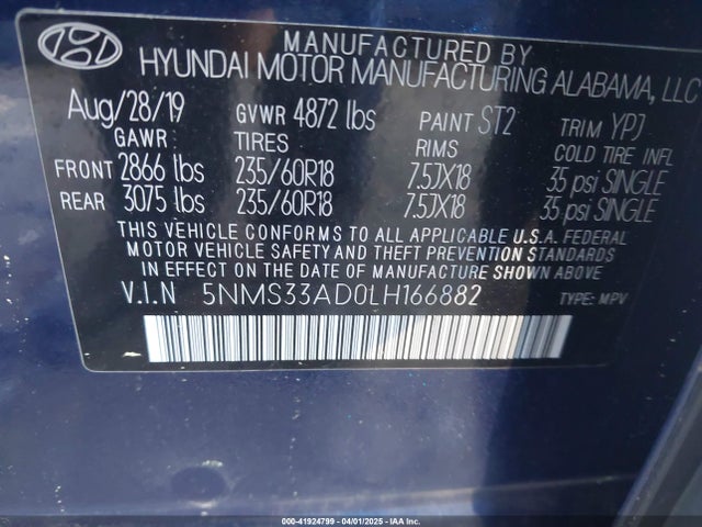 5NMS33AD0LH166882 Hyundai Santa Fe Sel