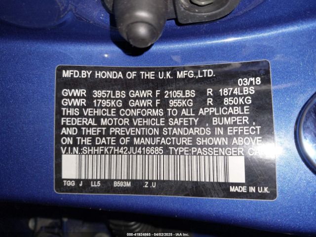 SHHFK7H42JU416685 Honda Civic Sport