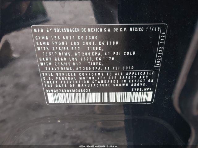 2019 VOLKSWAGEN TIGUAN 3VV0B7AX0KM046024 Photo 8